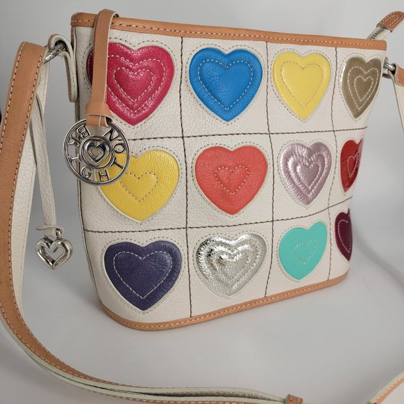 BRIGHTON MULTICOLOR APPLIQUED HEARTS LEATHER SHOULDER BAG PURSE - Picture 1 of 11